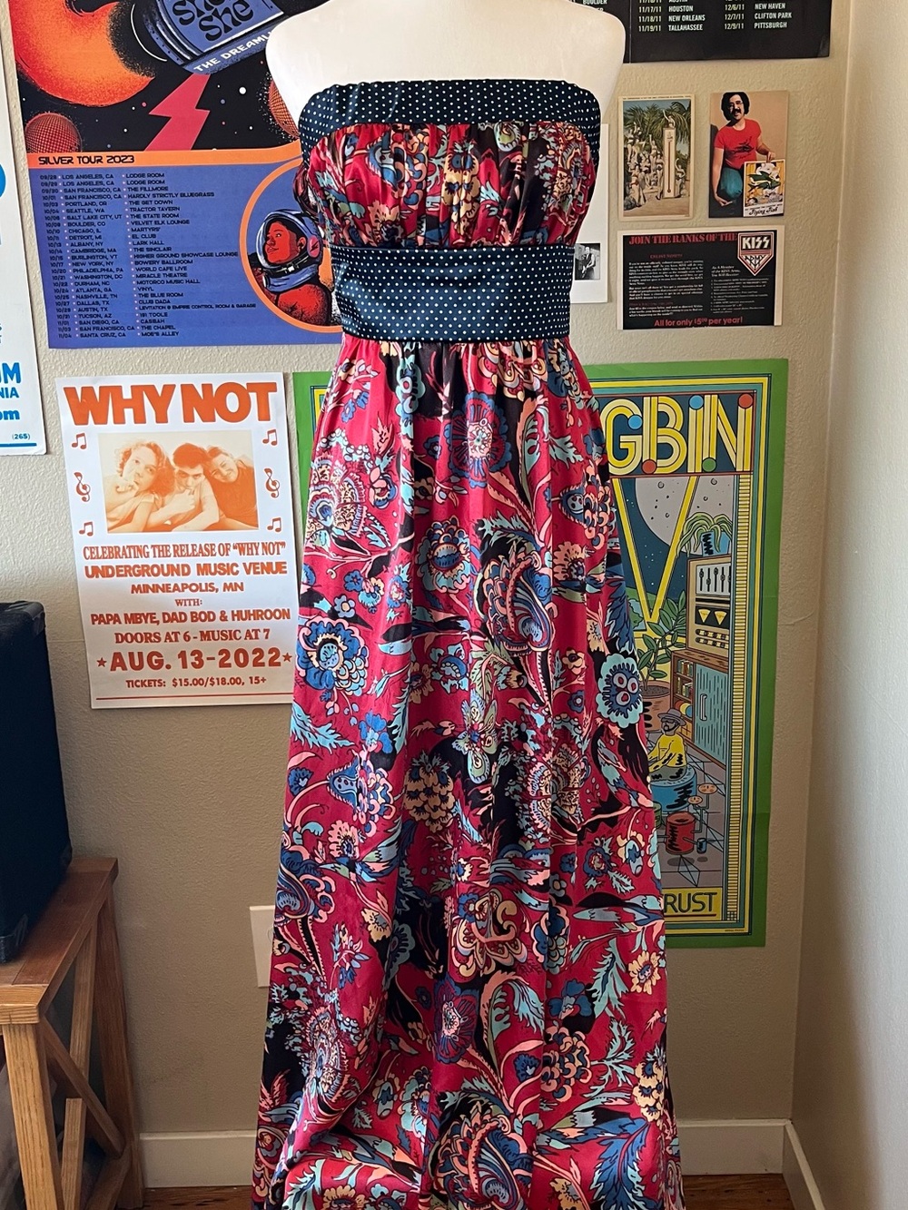 Red strapless maxi dress with polka dot waistband and floral print